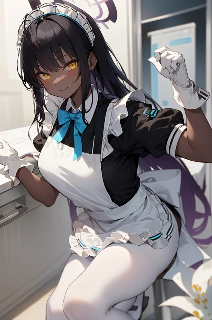 karindef, ((yellow eyes:1.2)), (black hair:1.5),  very long hair, halo, dark skin, 
(((maid,maid apron, frilled apron, apron, maid headdress, white gloves, puffy short sleeves,  blue bowtie, white legwear, ))),(maid:1.3)
1girl, solo, 
looking at viewer, naughty face, smile 