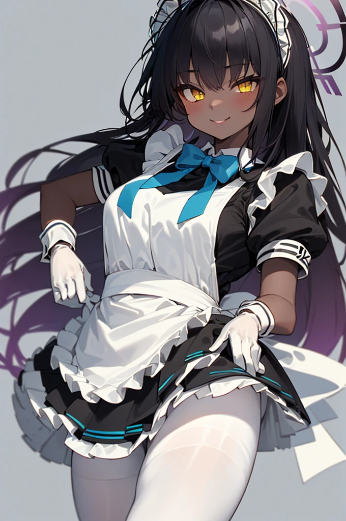 karindef, ((yellow eyes:1.2)), (black hair:1.5),  very long hair, halo, dark skin, 
(((maid,maid apron, frilled apron, apron, maid headdress, white gloves, puffy short sleeves,  blue bowtie, white legwear, ))),(maid:1.3)
1girl, solo, 
looking at viewer, naughty face, smile 