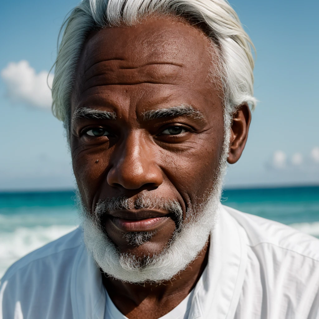 ((best qualityer)), ((work of art)), (detailded), 1  black boy , handsome man with one eye the color of the ocean and the other the color of the sun with white hair in a photoshoot looking at the camera 