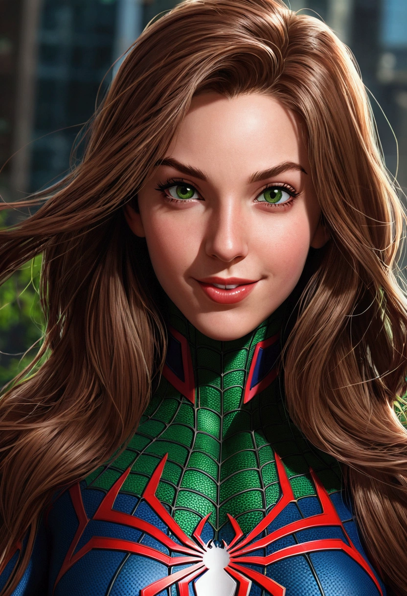 Jeune fille, long brown hair, green eyes, Forme Spider-Man 2099, ssmile, spider, foudre, head of&#39;artwork, High quality, big lip
