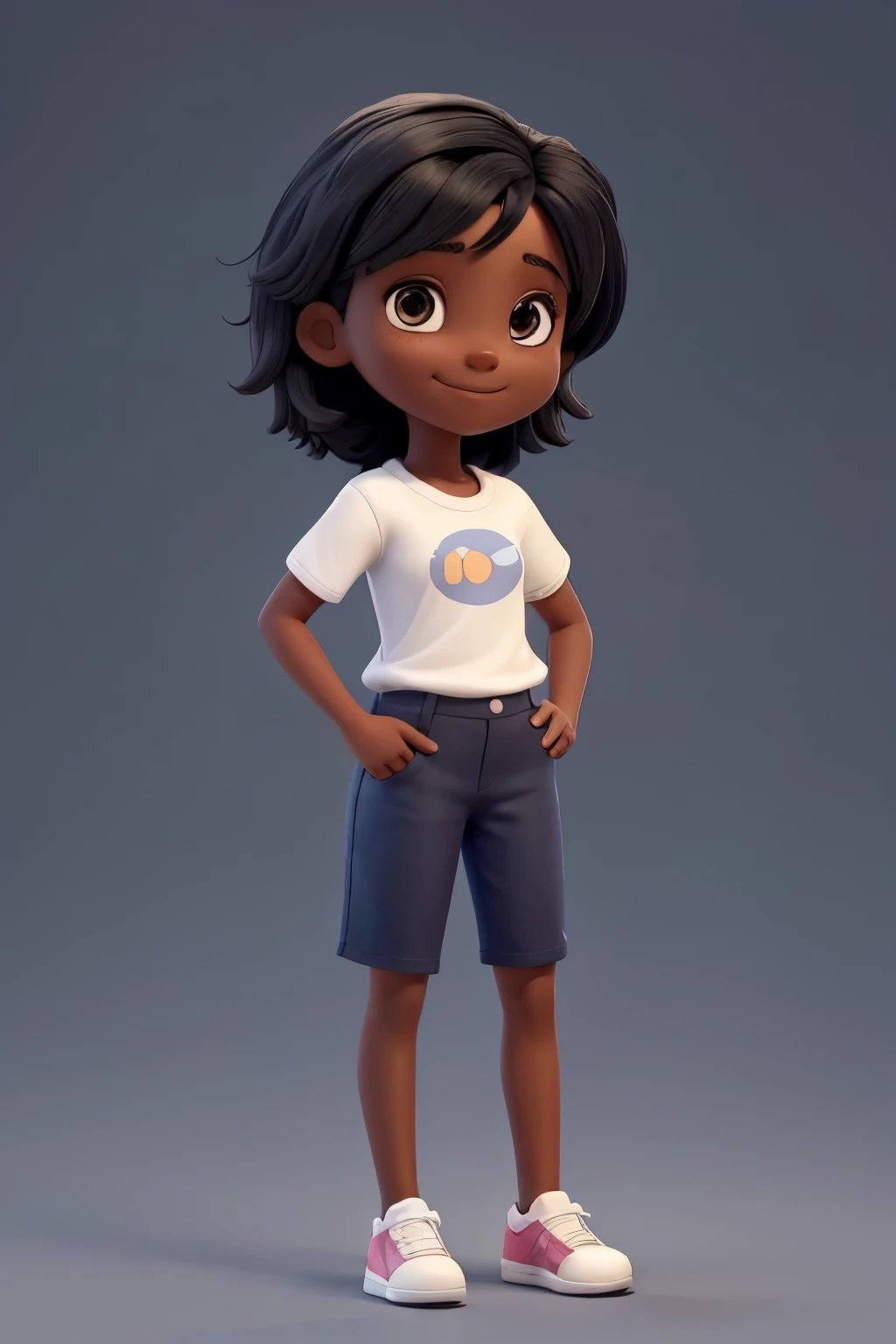 Female character, dark skin, girl, 6 years old, full body, white shirt, black hair, short straight hair. smiling. dark blue pants and black sneakers, full body photo. completely facing the camera, on a white background.