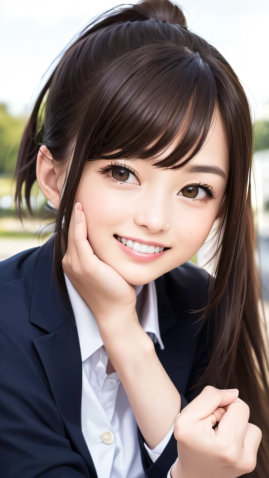 (Highest quality、8K、32k、masterpiece)、(Realistic)、(Realistic:1.2)、(High resolution)、Very detailed、Very beautiful face and eyes、20Adult female years old、Round and small face、Tight waist、Delicate body、(Highest quality、Attention to detail、Rich skin detail)、(Realistic、Realistic:1.37)、Bright colors、(((Brown Hair)))、(((Full Body Shot)))、(((Long Hair)))、(((Side Ponytail)))、(((Daytime city background)))、(((smile)))、(((Teeth are visible)))、(((Wear a women's suit)))、、Kanna Hashimoto、 Office Lady、 OL