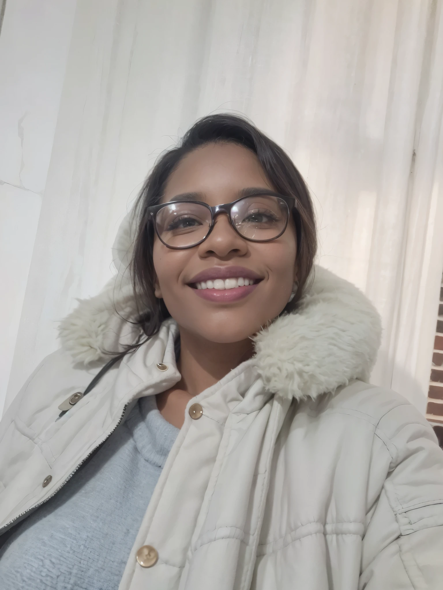 work of art, best qualityer, a black woman with glasses and a scarf, wearing a purple coat and green scarf, stopped not park