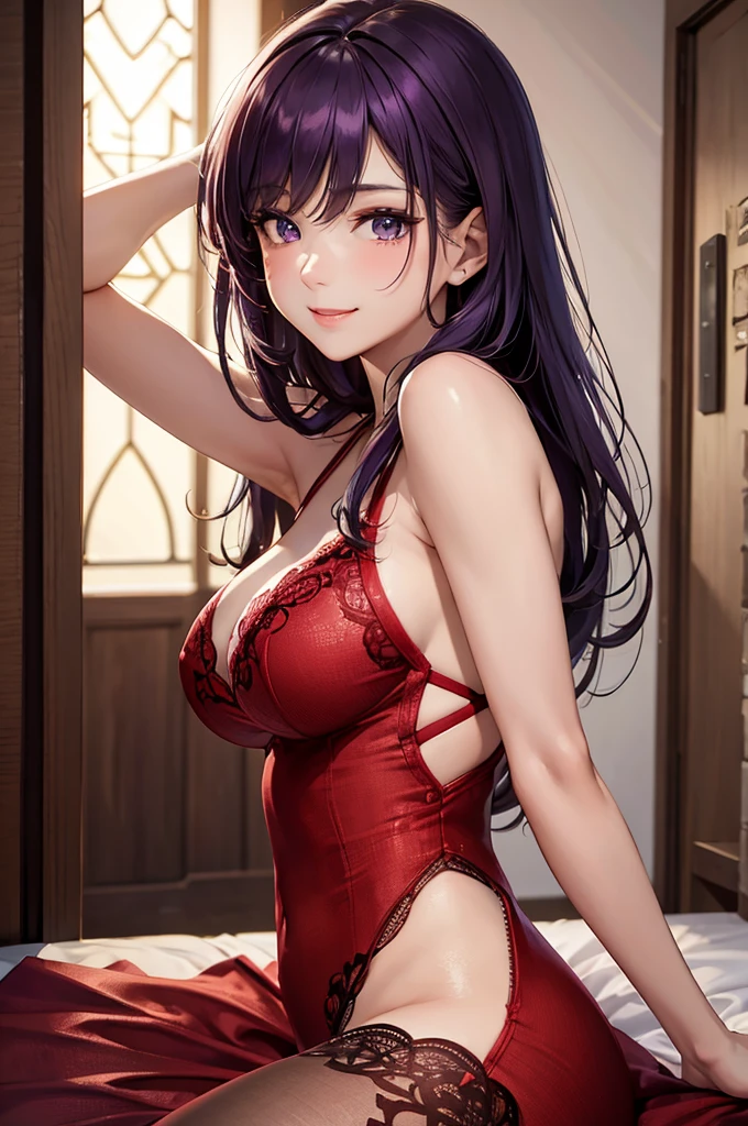 Best Quality,High resolution,8K,finelity detailed background,Masterpiece:1.2),beautiful girl,Shiny purple hair,crossed bangs,Purple Eyes,Gentle look,A refreshing look,smile,Best quality,Best Quality,Aesthetic and aesthetic:1.2,Best details((Super detailed))(High-definition CG illustrations),Upper Body, Red underwear,(red intricate lace),Slender body,night,moon,Bedroom,On the bed,smile,blush,cute,Scrounge,Looking up,Being spoiled,super model,wariza,shoot from,below