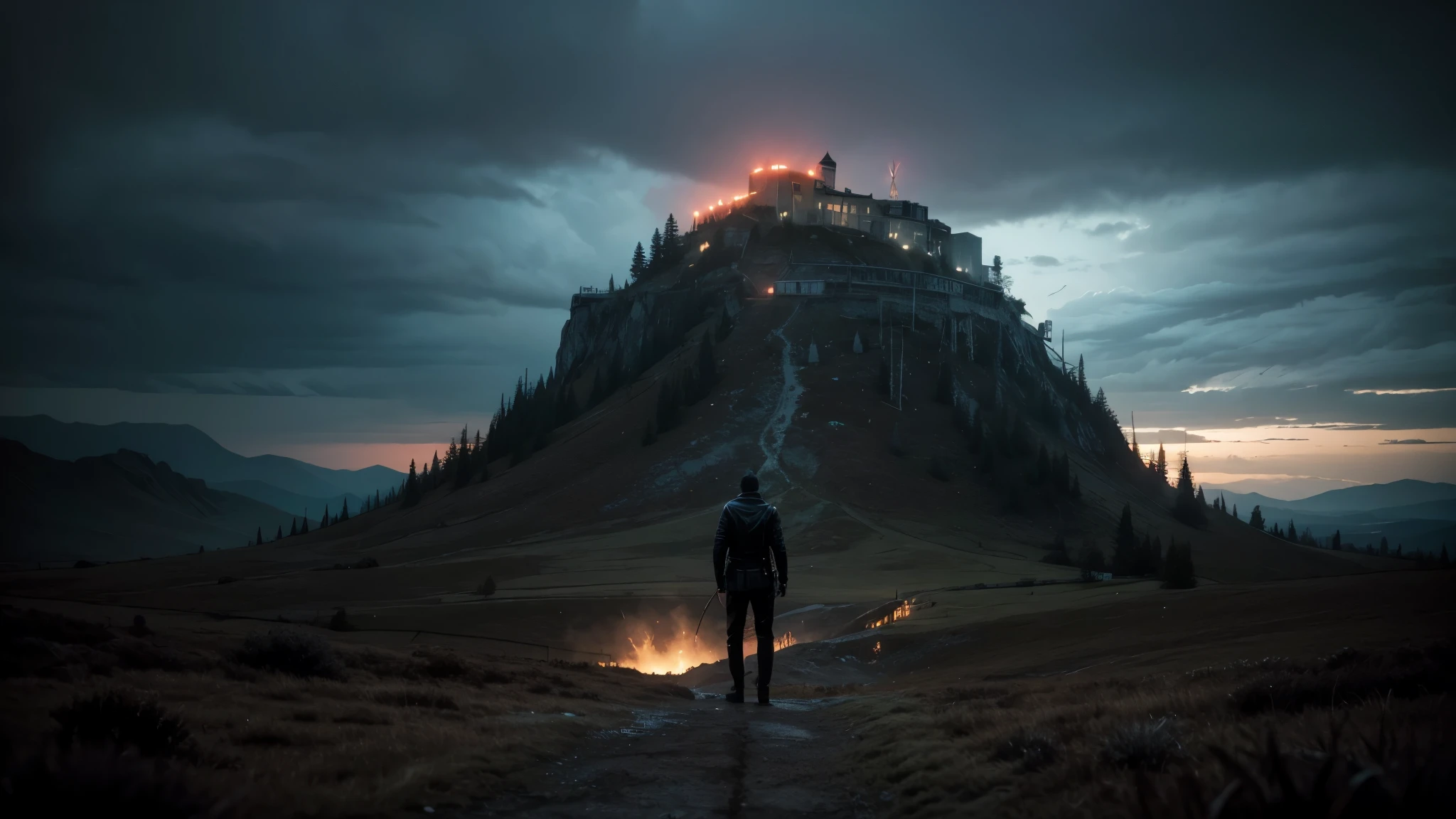 A corrupt man, half demon, on top of a hill, launching a rain of needles filled with blood. The needles are flying through the air, creating a chaotic scenario. The man is only wearing shorts, his body completely covered in intricate tattoos. The scene is dark and dramatic, with dark sky and stormy clouds in the background. The mountain is rocky and inhospitable, adding a sinister tone to the image.
