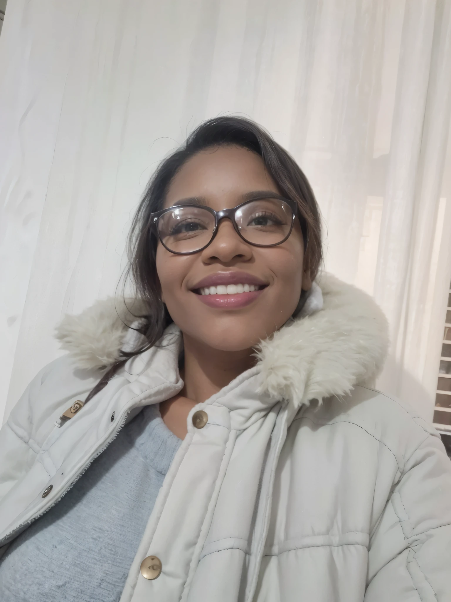 work of art, best qualityer, a black woman with glasses and a scarf, wearing a purple coat and green scarf, stopped not park