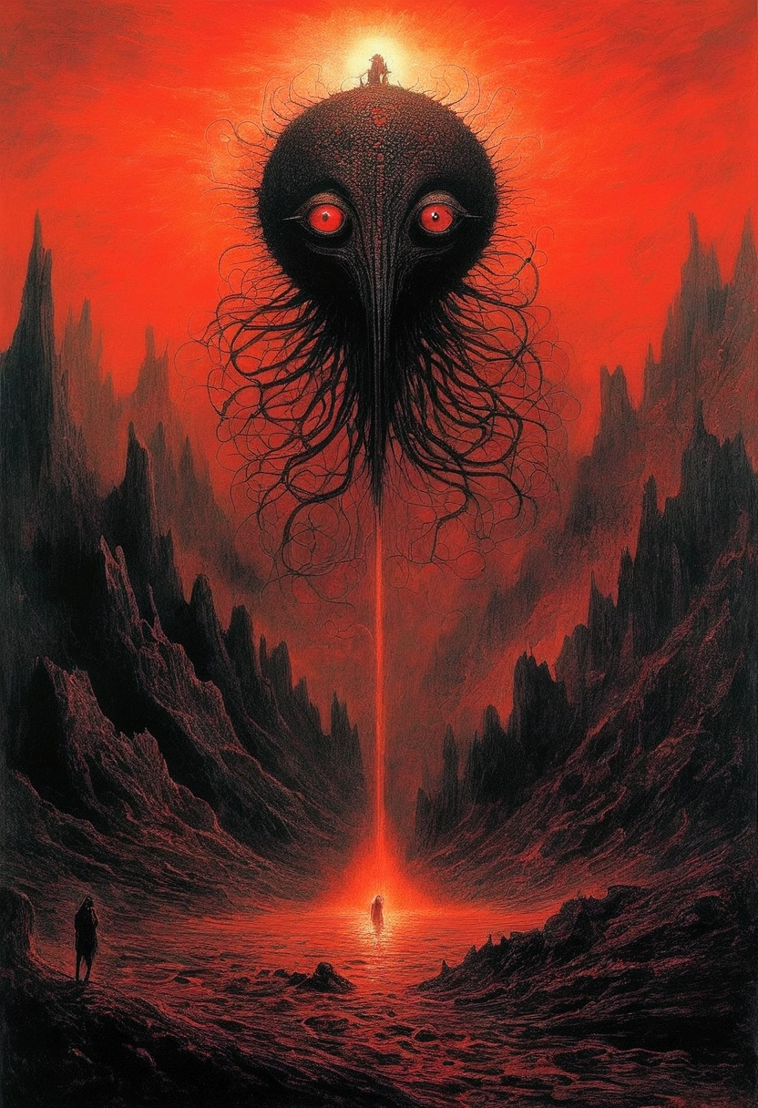 Mythical creatures, author:Zdzislaw Beksiński, Azathoth, Red/Black、eye