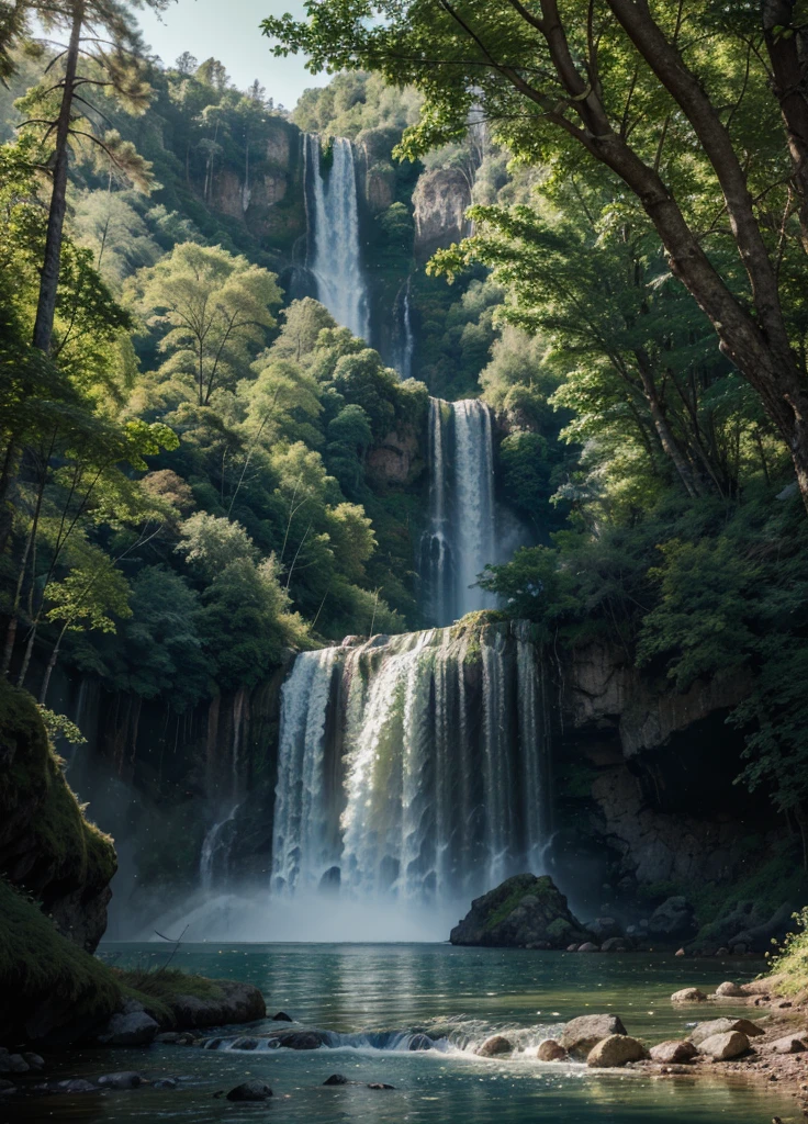A landscape, forest, towering trees, next to a waterfall, tall waterfall, dreamy, realism, masterpiece, dreamy lighting, 8x quality, 8k resolution, 8x upscale