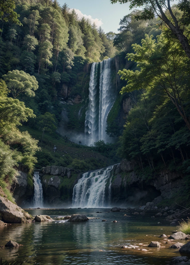 A landscape, forest, towering trees, next to a waterfall, tall waterfall, dreamy, realism, masterpiece, dreamy lighting, 8x quality, 8k resolution, 8x upscale