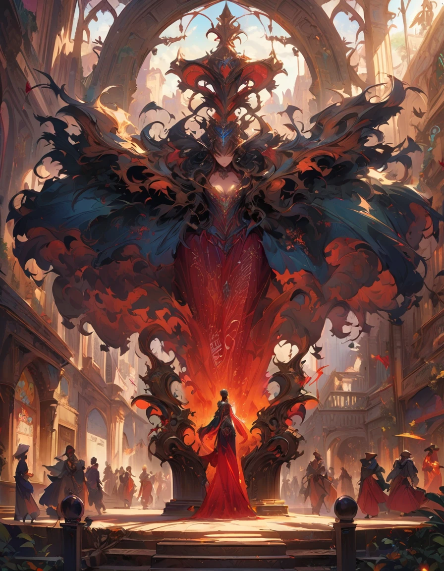 A poster of an Arabic calligraphy book page featuring a silhouette illustration of a male dancer in the style of anime, holding his legs up with red ribbons wrapped around them and standing on top of an ornate podium. There is also some text written in Arabic script. in the style of digital painting, natural lighting, anime character design, sharp focus, highly detailed illustration, masterpiece, high definition, in the style of octane rendering, --ar 5:7 --niji 6