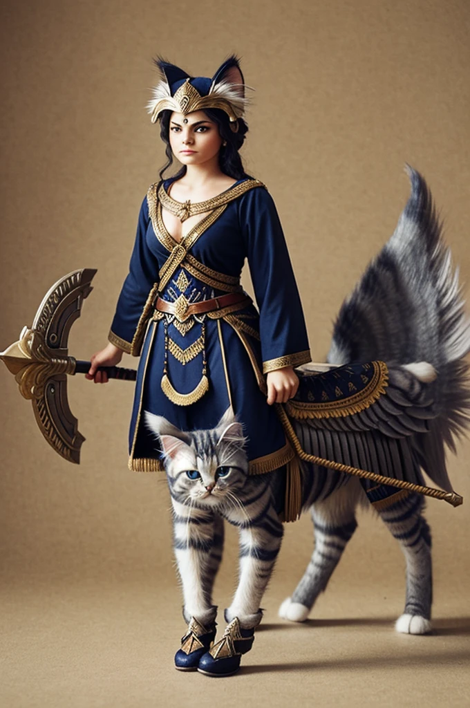 Create a Persian kitten with a Valkyrie on its head
