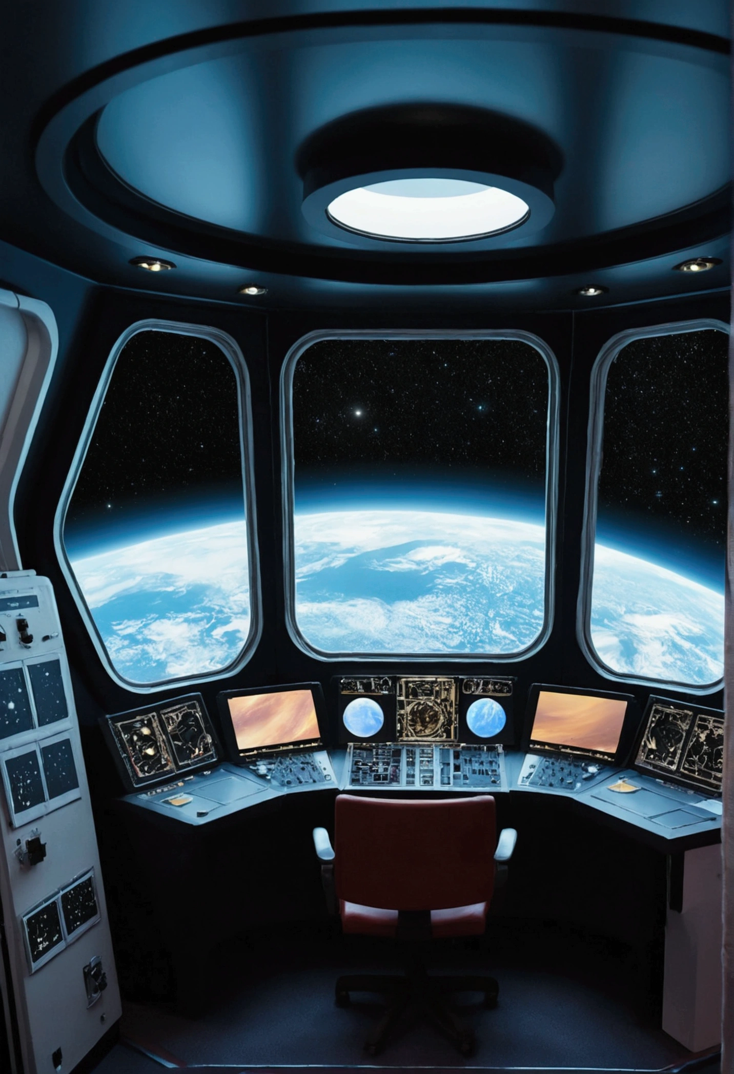 Create an image of a view of space from inside a ship