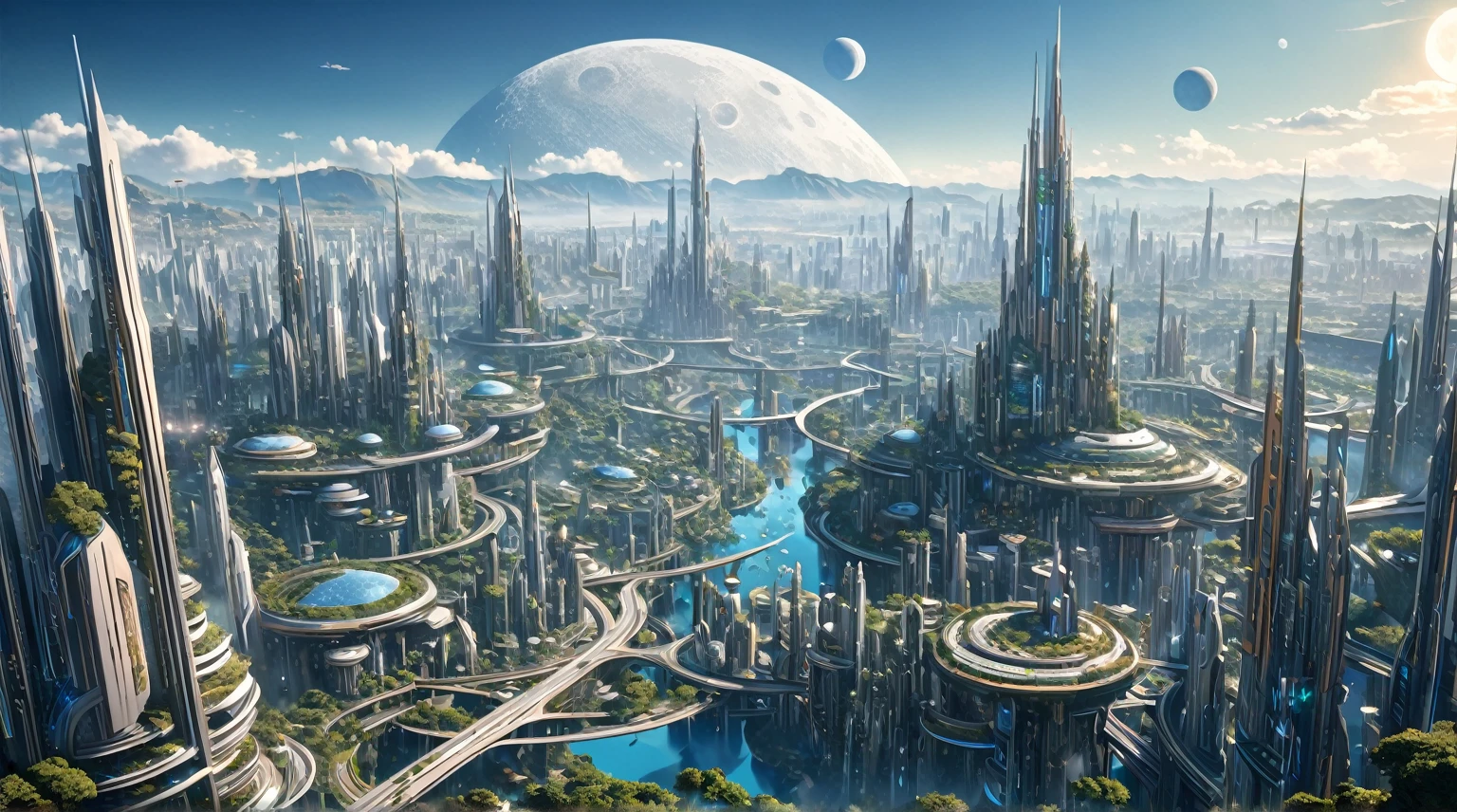 masterpiece, best quality, good quality, Fantasy aesthetics, Highly detailed, beautiful landscape, Futuristic fantasy city, metropolitan, background only, no other being (human etc), very detailed CG unified 8k wallpaper), clay texture, clean background, natural light, best quality, ultra detail, no planet or moon in the sky