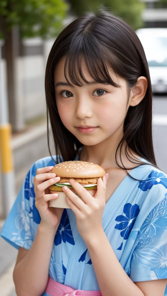 11 year old girl Japanese Light blue yukata Realistic Skin eating McDonald's Big Mac
