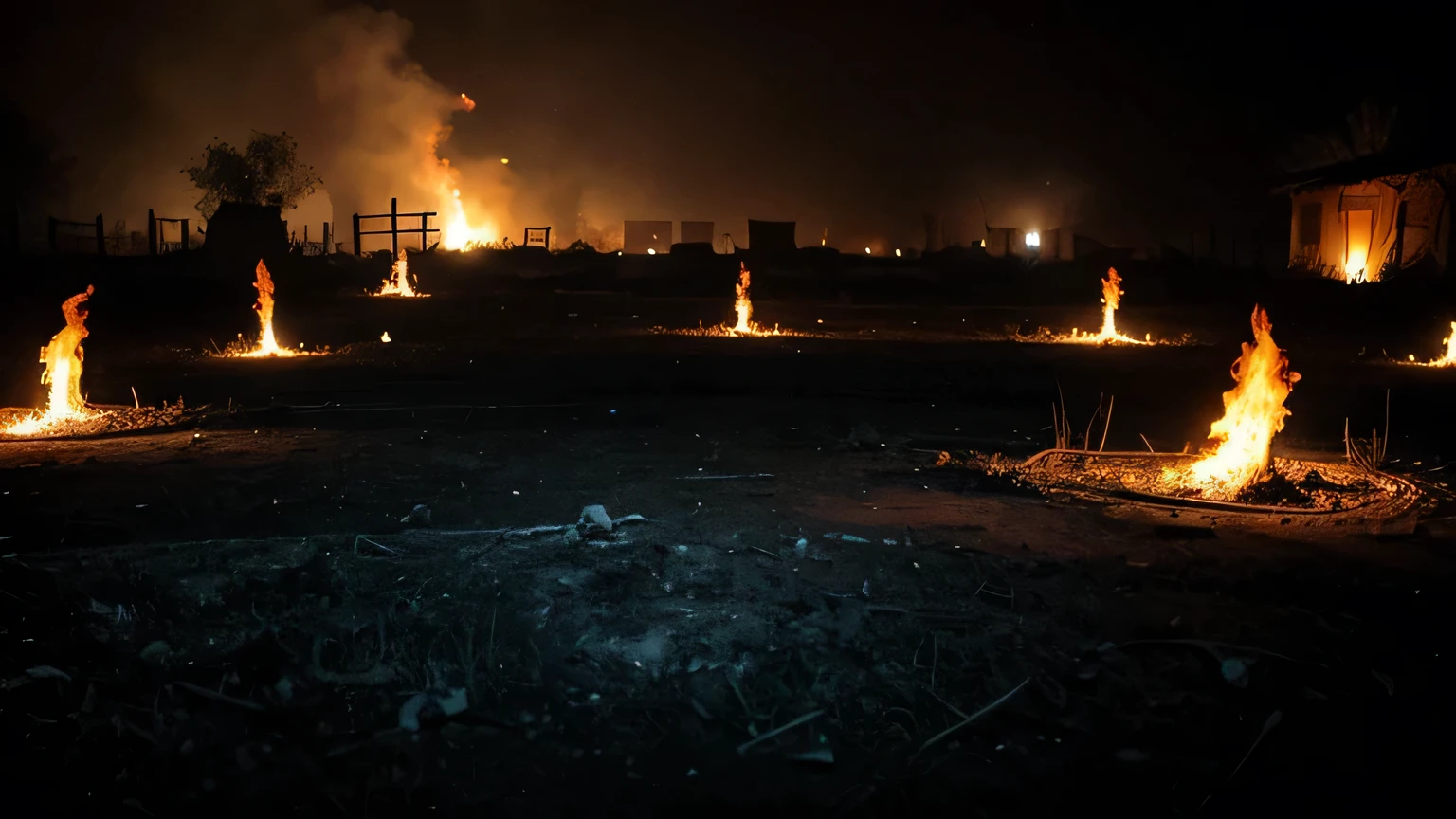 An empty and scary burning ground in an ancient village of india where dead bodies are being burnt. Dark night and scary view. Deep bluish effect