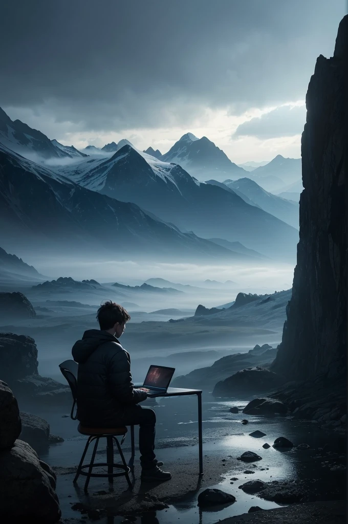 A person sitting backwards, playing on a computer in a mysterious and epic environment. The image should maintain the dramatic mood with misty mountains in the background and dramatic lighting. The person must be wearing the same clothes and have the same posture, but now backwards, concentrated on a laptop screen that emits a soft glow (horizontal)