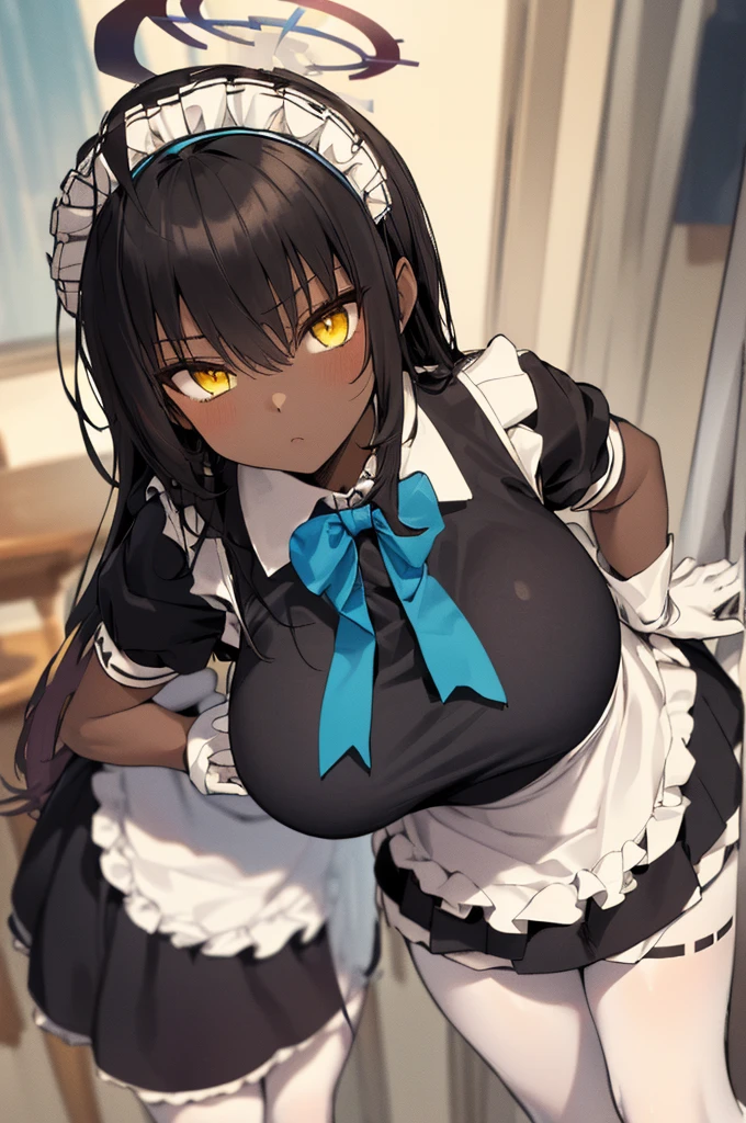 karindef, ((yellow eyes:1.2)), (black hair:1.5),  very long hair, halo, dark skin, 
(((maid,maid apron, frilled apron, apron, maid headdress, white gloves, puffy short sleeves,  blue bowtie, white legwear, ))),(maid:1.3)
1girl, solo, 
looking at viewer, expressionless,huge breasts