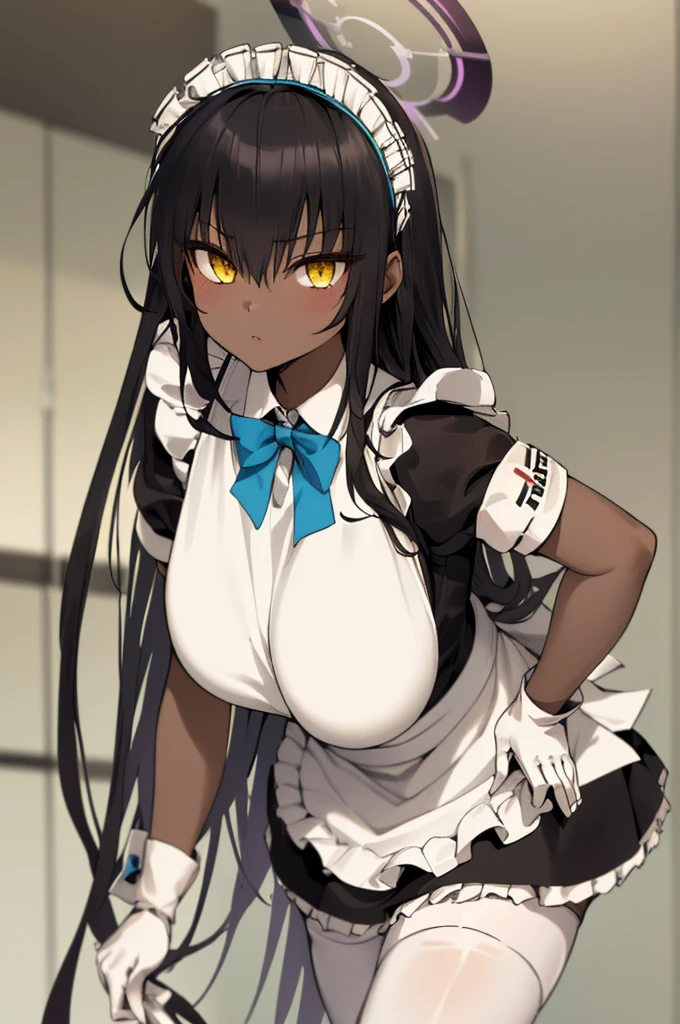 karindef, ((yellow eyes:1.2)), (black hair:1.5),  very long hair, halo, dark skin, 
(((maid,maid apron, frilled apron, apron, maid headdress, white gloves, puffy short sleeves,  blue bowtie, white legwear, ))),(maid:1.3)
1girl, solo, 
looking at viewer, expressionless,huge breasts