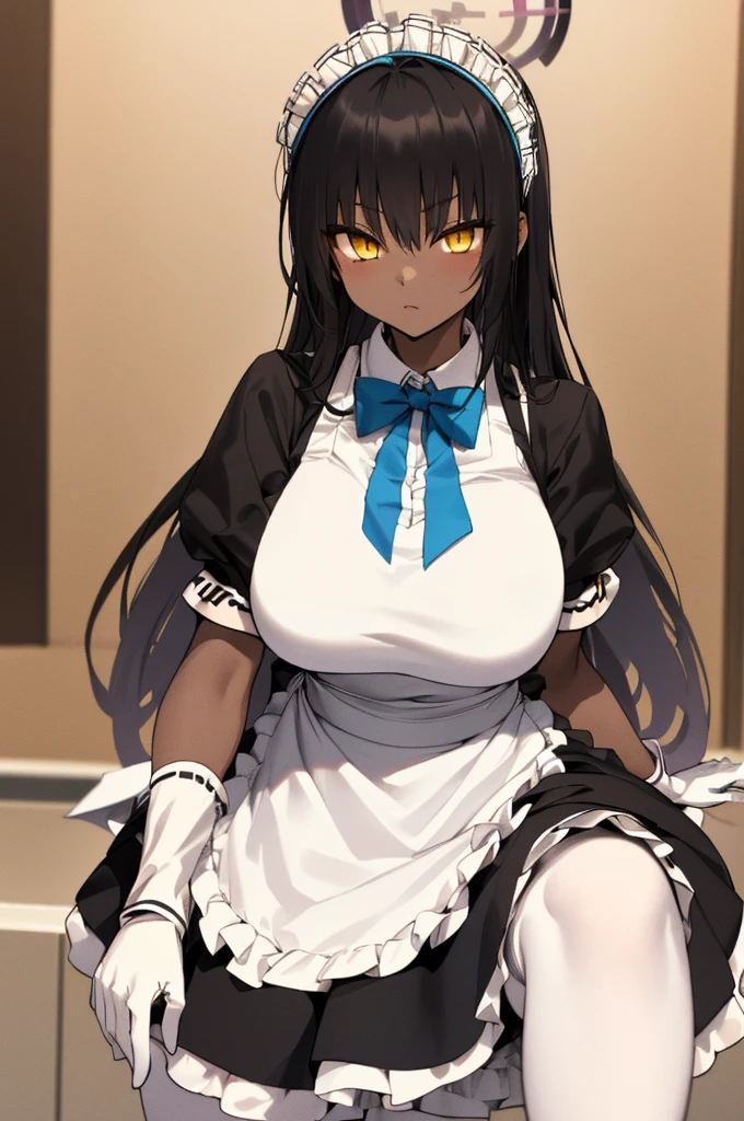 karindef, ((yellow eyes:1.2)), (black hair:1.5),  very long hair, halo, dark skin, 
(((maid,maid apron, frilled apron, apron, maid headdress, white gloves, puffy short sleeves,  blue bowtie, white legwear, ))),(maid:1.3)
1girl, solo, 
looking at viewer, expressionless,huge breasts