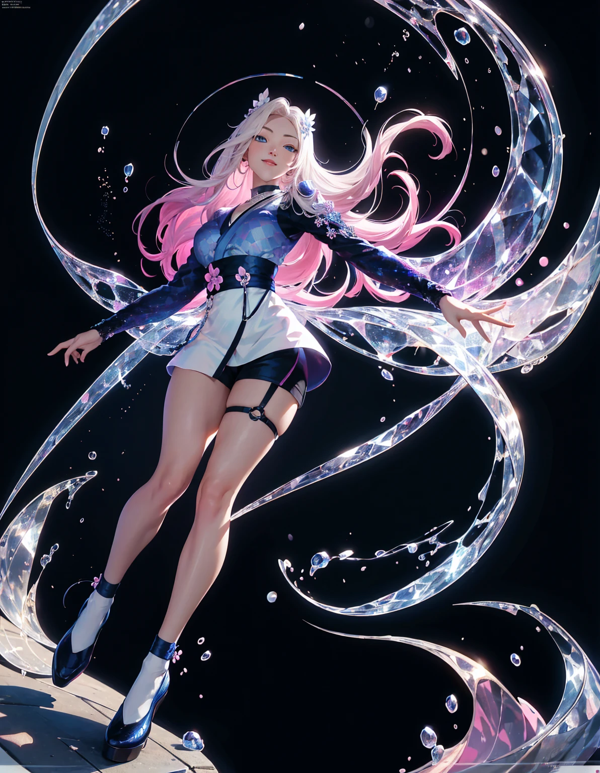 dynamic dancing moves with full of energy and movement, jumping high, full body portrait, happy expression, Japanese festival, with lively action poses, Positive Space, asymmetry, dynamic angle, A detailed illustration of an anime girl with blue eyes wearing a black kimono with Japanese patterns, wearing white cloak white shorts, black tube-top, She has white long hair tied back by a flower hair ornament, with colorful deep blue, black, pink, gold and white colors, surrounded by hexagons with various patterns and textures, Japanese Ancient bridge, happy expression, A black and white checkered pattern background surrounded by hexagons with various patterns in background, floral designs, and geometric shapes, In the background there are some sakura trees., cartoon character design, this is a full body portrait in vibrant colors, colorful illustrations, highly detailed, high resolution, in the style of digital painting, natural lighting, --ar 5:7 --niji 6