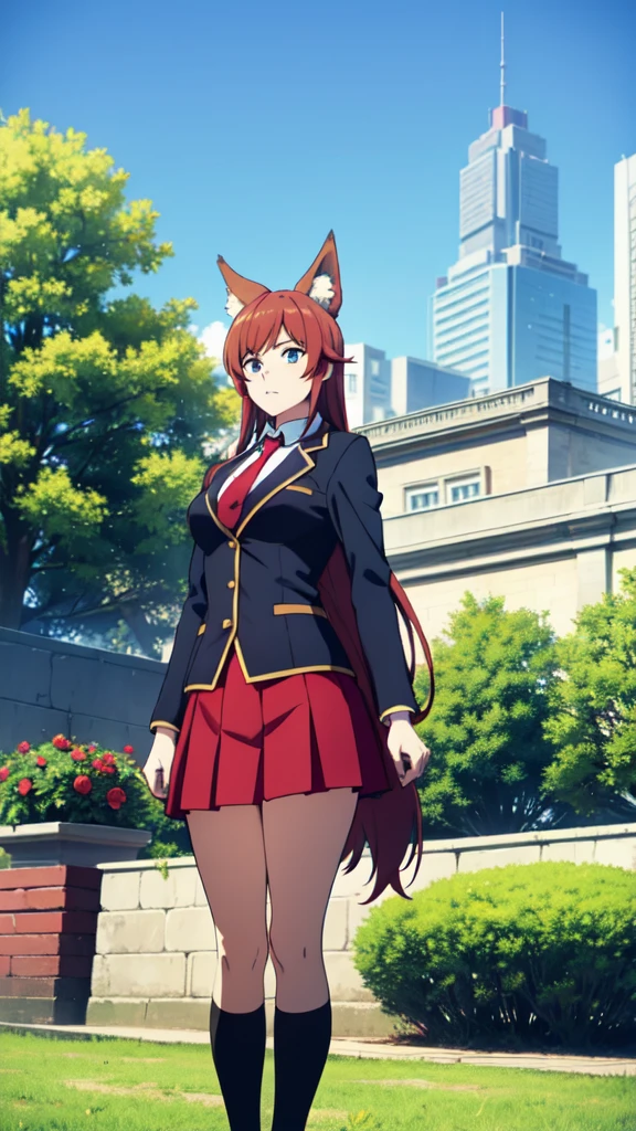 1girl ,20s,mature female,:o,(red hair),long hair,fox ears,(garden,blue sky,city),necktie,black jacket, blazer,long sleeves,pleated skirt,from below