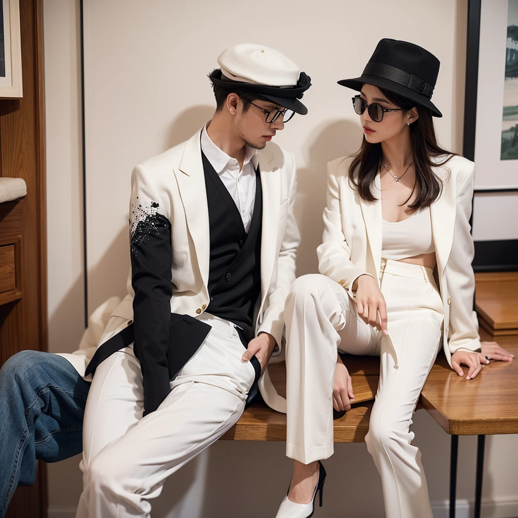 A captivating watercolor featuring a fashionably dressed man with an air of sophistication together with his stunningly beautiful female partner. He dons a casual yet elegant outfit, consisting of a tailored suit, a stylish hat, and a pair of sunglasses. She is dressed on white pants and elegant jacket with high heals. The background is a mesmerizing blend of ink splashes, creating a modern and artistic atmosphere. The playful ink splatters intermingle with the painting's splendor, showcasing a harmonious balance between style and creativity. The couples confident pose and the artist's skillful brushwork come together to create an image of unrivaled elegance and refinement., illustration, fashion, painting, photo