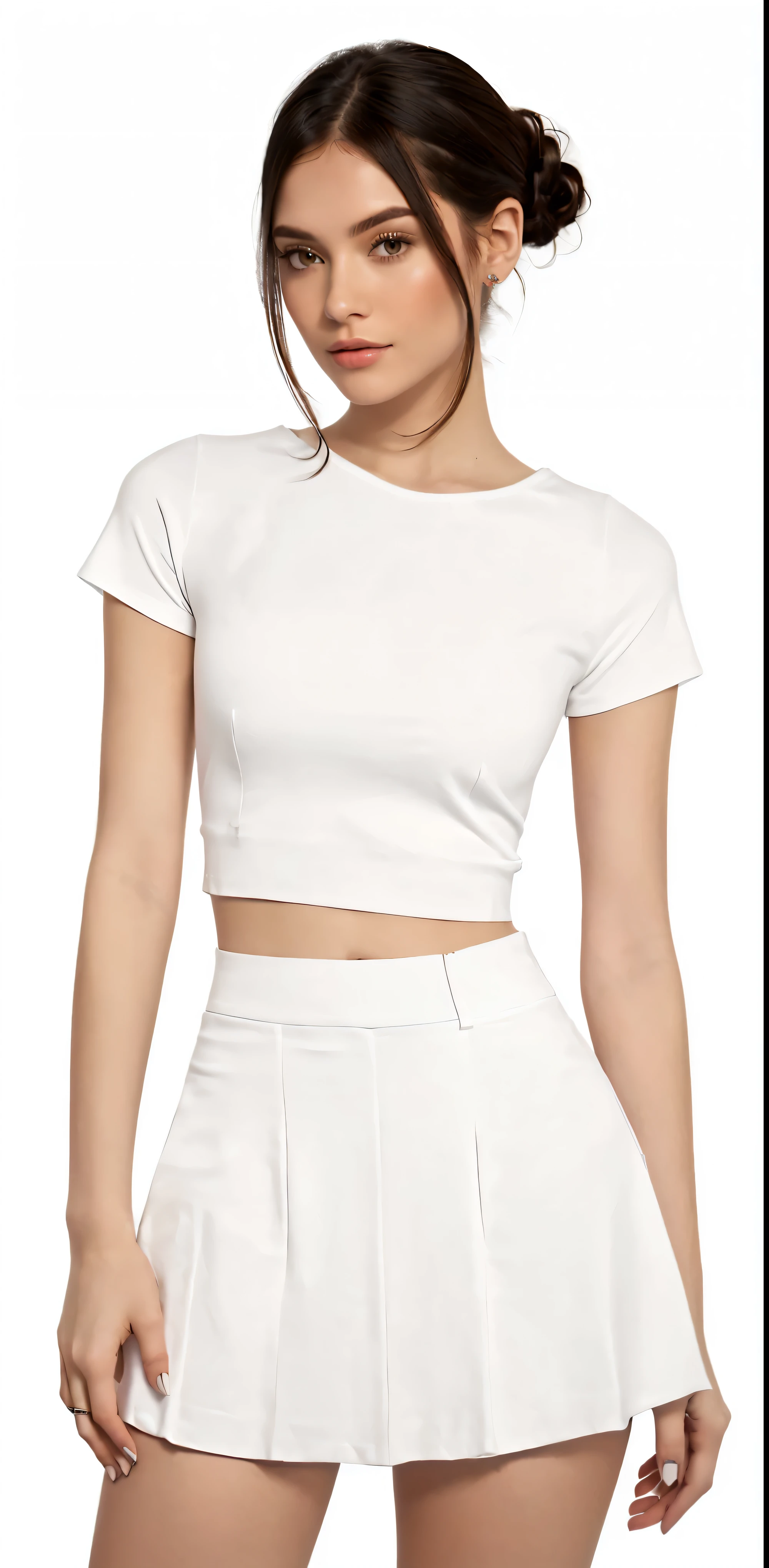 a woman in a White top and skirt posing for a picture, White top, with torn t-shirt, top cut, top cut, wearing a cropped tops, plain and tight white suit, trendy white clothes, casual white clothes, wearing a cropped top, usando um top cropped sexy, wearing top cut, plain white undershirt, white clothes, white undershirt