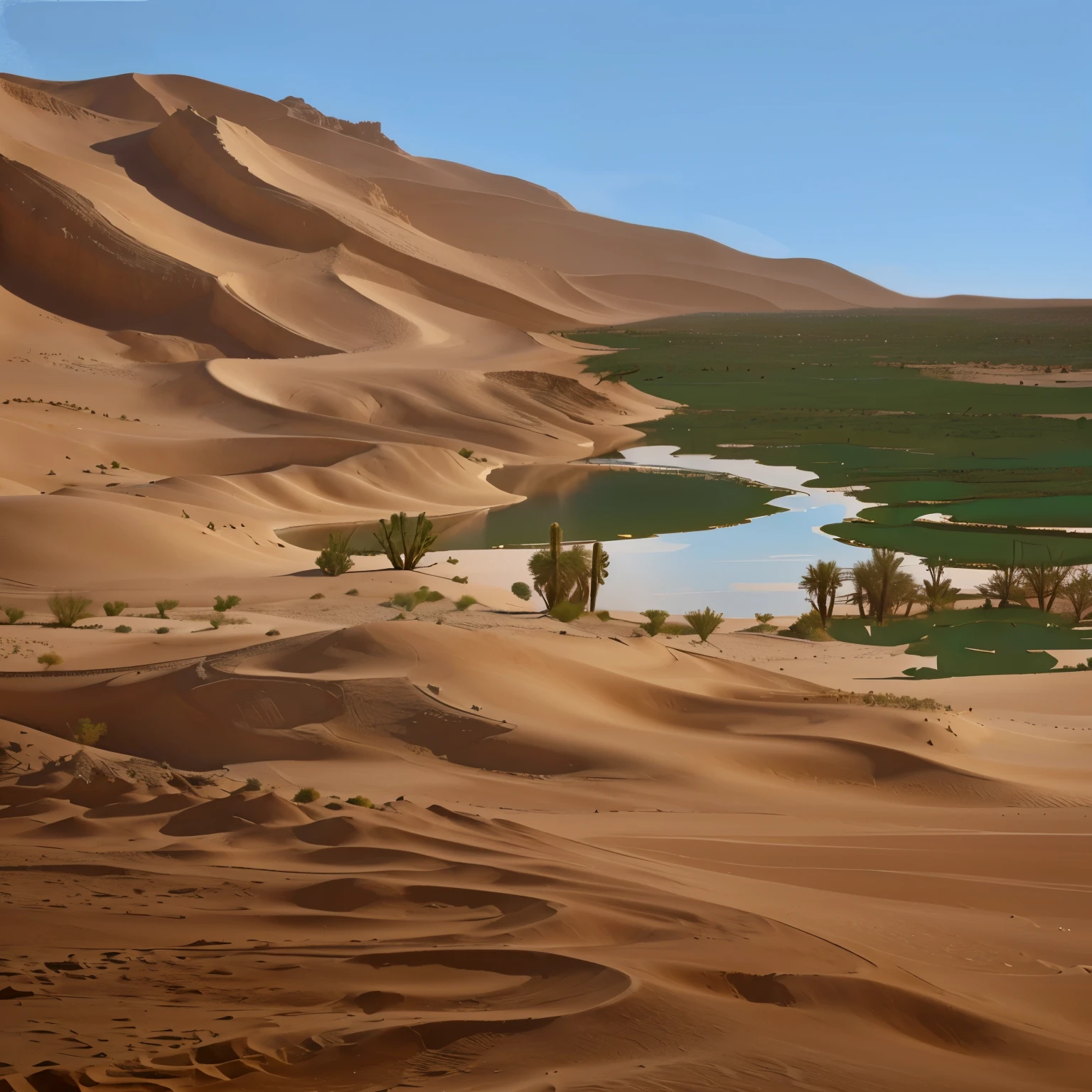 there is a lake in the middle of a desert, oasis in the desert, desert oasis background, in a desert oasis lake, sand and desert environment, desert landscape, desert oasis, desert environment, desert scenery, in a serene vast desert, very detailed digital painting, digital painting highly detailed, somewhere in sands of the desert, digital landscape art, desert dunes, palm trees, water, lake