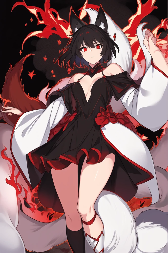 "1girl,solo,short hair,jet-black hair,(looking at viewer:1.2),sharp features,red eyes,glowing eyes,athletic,graceful,dark crimson dress,form-fitting dress,shimmering fabric,high neckline,long sleeves,knees length,confident,intimidating,polished,transformation,kitsune ears,black ears,red accents,cursed energy,tails,ethereal,mythical aura,powerful,beauty,danger,supernatural grace,"