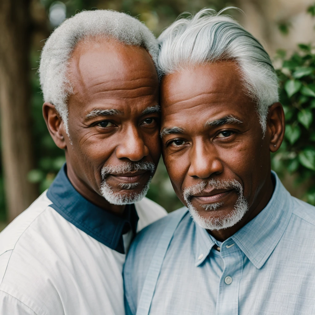 ((best qualityer)), ((work of art)), (detailded), 1  black boy , handsome with blue eyes , white-haired woman in a photoshoot looking at the camera 