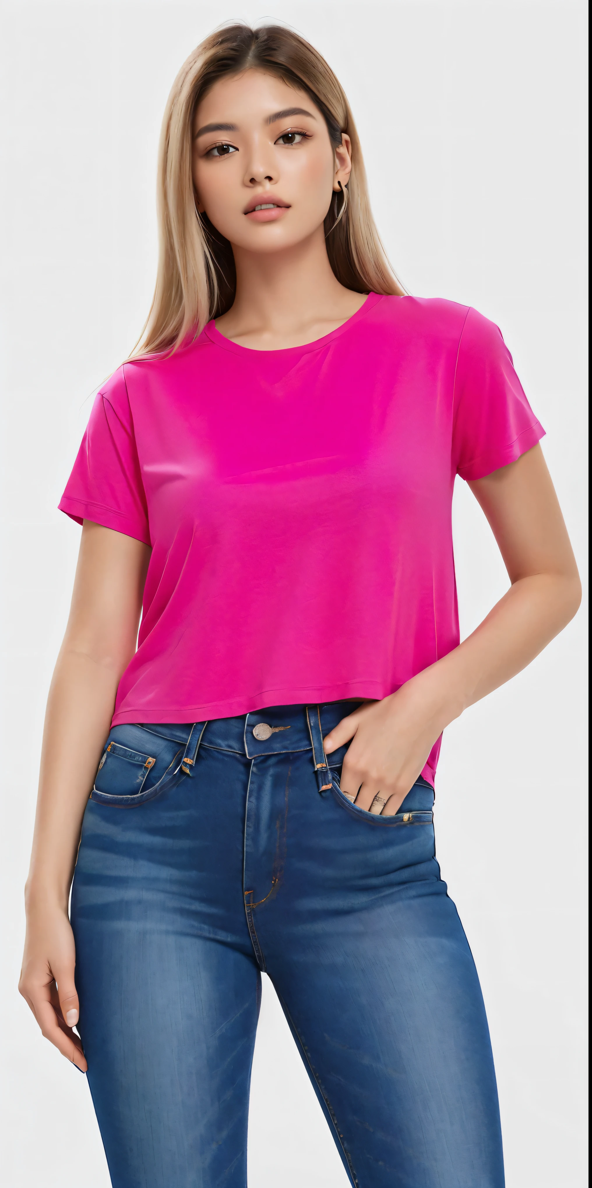 a woman wearing a rosa top and jeans, corte superior, rosa shirt, corte superior, neon rosa, hot rosa, camisa magenta, rosa, camiseta, camiseta, camiseta, with ripped crop camiseta, rosa clothes, rosa vibe, dayglo rosa, FÚCSIA, vibrant rosa, magenta, Roupa casual, rosa girl, ano 2 mil”