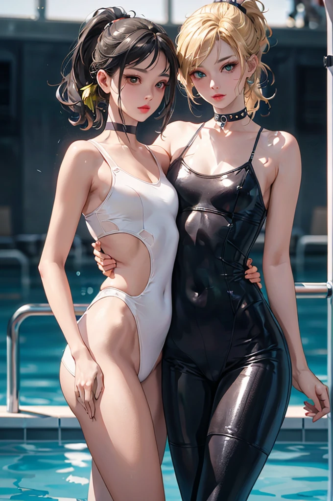 Two women hugging each other, Put your hands on your crotch, (One woman has green eyes, White skin, Long black hair, ponytail, choker, Small breasts, lipstick, compensate, eyeliner), (The other woman has blonde hair and brown eyes.), Wearing sexy neon clothes, In the pool, (Cyberpunk Theme), (masterpiece, Highest quality, 8K, Sharp focus, Depth of written boundary, Best Shadow, Perfect lighting, High resolution, Realistic skin texture, Highly detailed and detailed background),