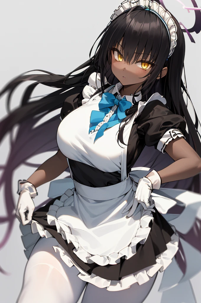 karindef, ((yellow eyes:1.2)), (black hair:1.5),  very long hair, halo, dark skin, 
(((maid,maid apron, frilled apron, apron, maid headdress, white gloves, puffy short sleeves,  blue bowtie, white legwear, ))),(maid:1.3)
1girl, solo, 
looking at viewer, expressionless,huge breasts