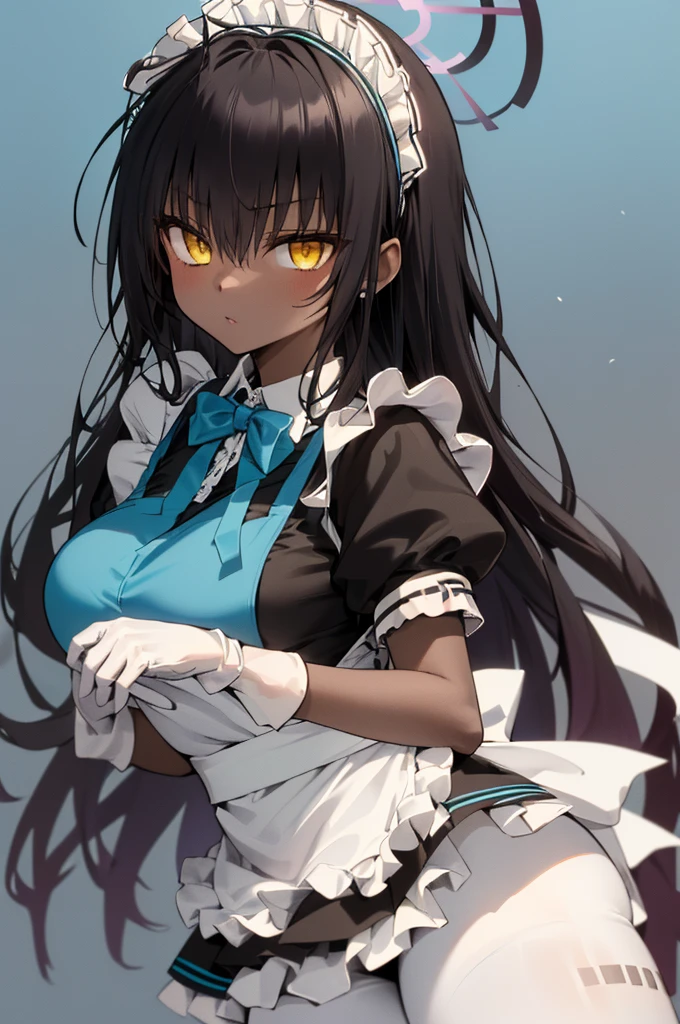 karindef, ((yellow eyes:1.2)), (black hair:1.5), very long hair, halo, dark skin,
(((maid,maid apron, frilled apron, apron, maid headdress, white gloves, puffy short sleeves, blue bowtie, white legwear, ))),(maid:1.3)
1girl, solo,
looking at viewer, expressionless,huge breasts