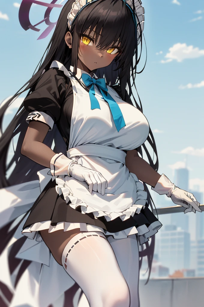 karindef, ((yellow eyes:1.2)), (black hair:1.5),  very long hair, halo, dark skin, 
(((maid,maid apron, frilled apron, apron, maid headdress, white gloves, puffy short sleeves,  blue bowtie, white legwear, ))),(maid:1.3)
1girl, solo, 
looking at viewer, expressionless,huge breasts