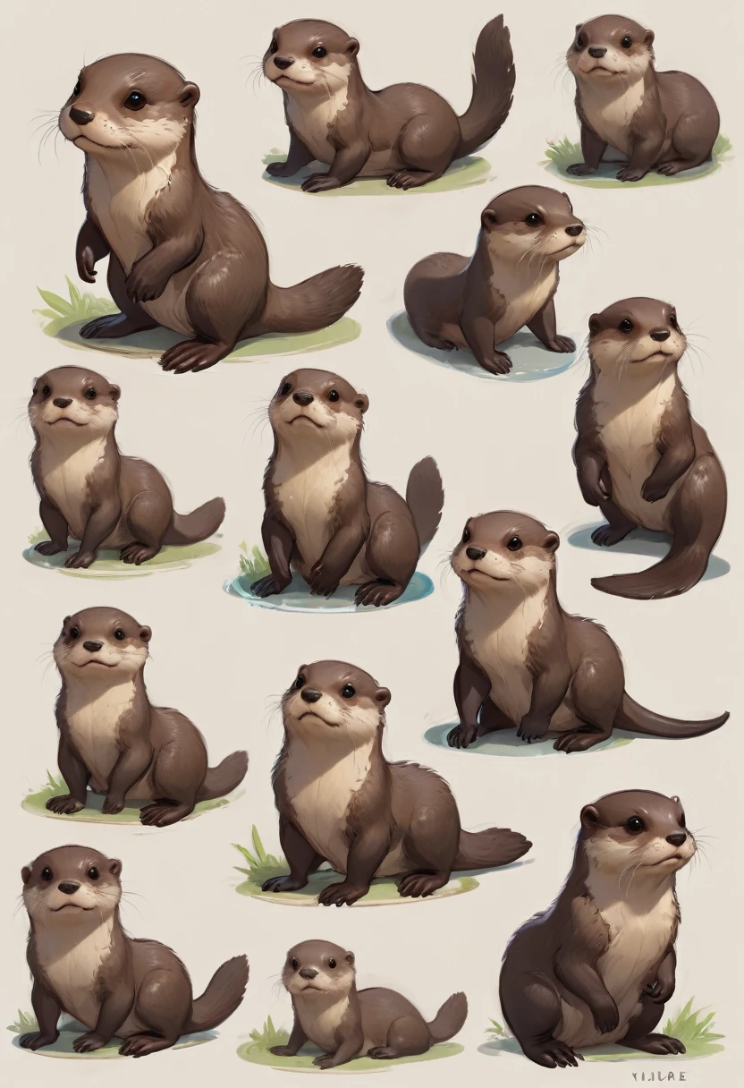 character design sheet by Yliade, best quality, masterpiece, Representative work, official art, Professional, Ultra intricate detailed, 8k, cute otter animal