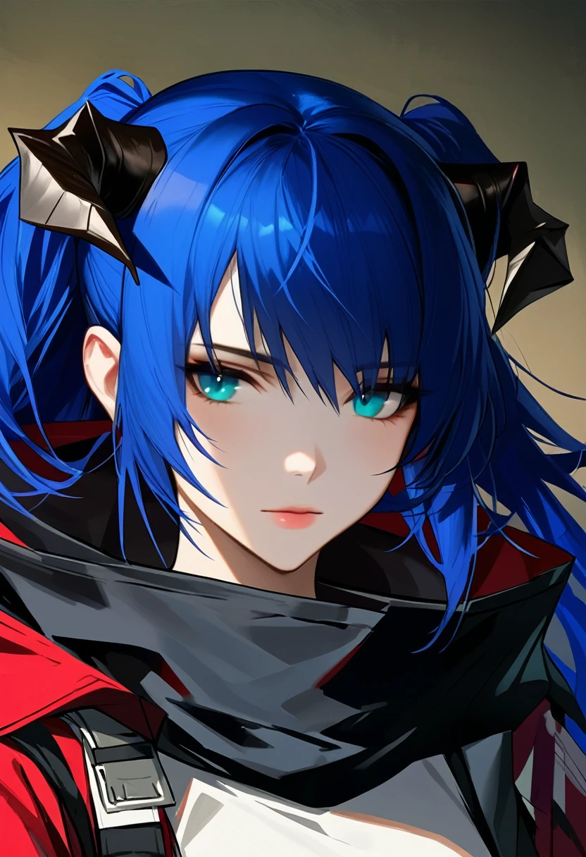 (woman), ((Mostima from arknights)), masterpiece, best quality, ((Blue short pony tails)), horns, medieval plain white shirt, red coat, black hood, dark blue eyes, realistic anime style, portrait.