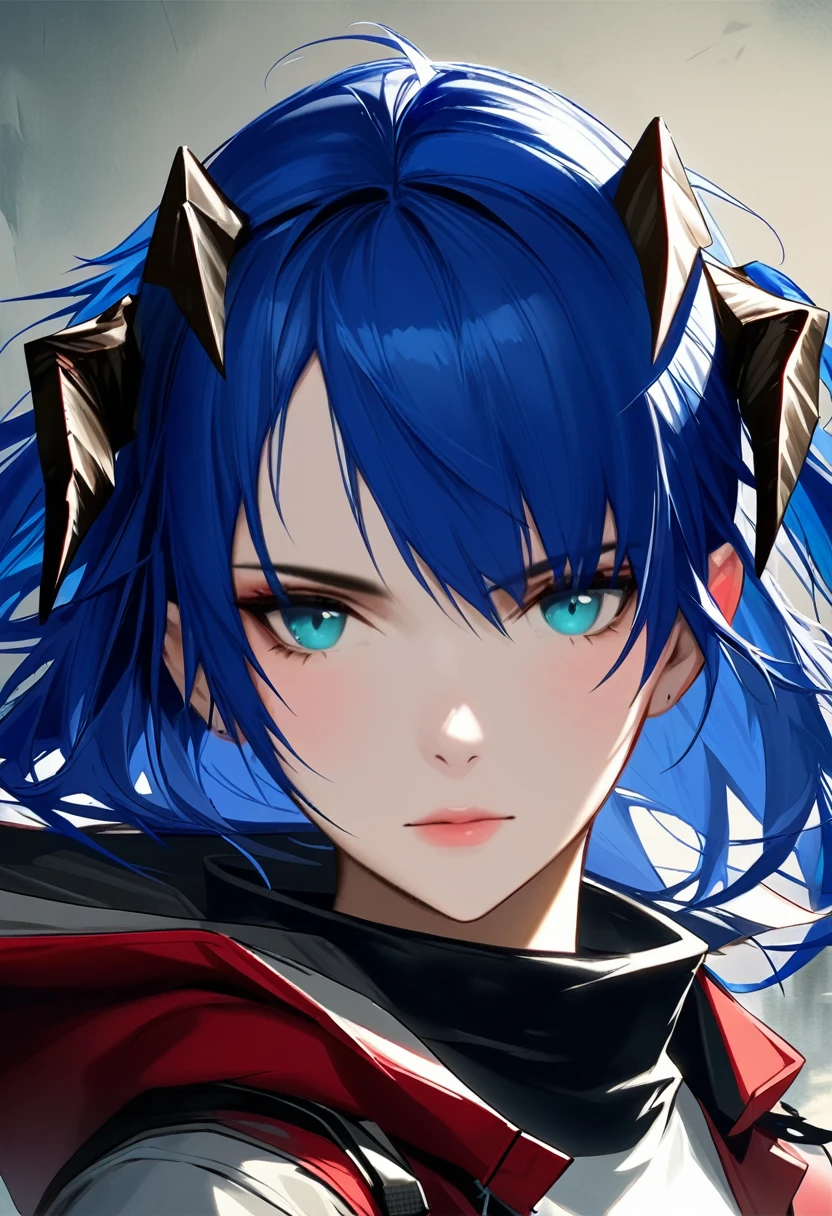 (woman), ((Mostima from arknights)), masterpiece, best quality, ((Blue short pony tails)), horns, medieval plain white shirt, red coat, black hood, dark blue eyes, realistic anime style, portrait.