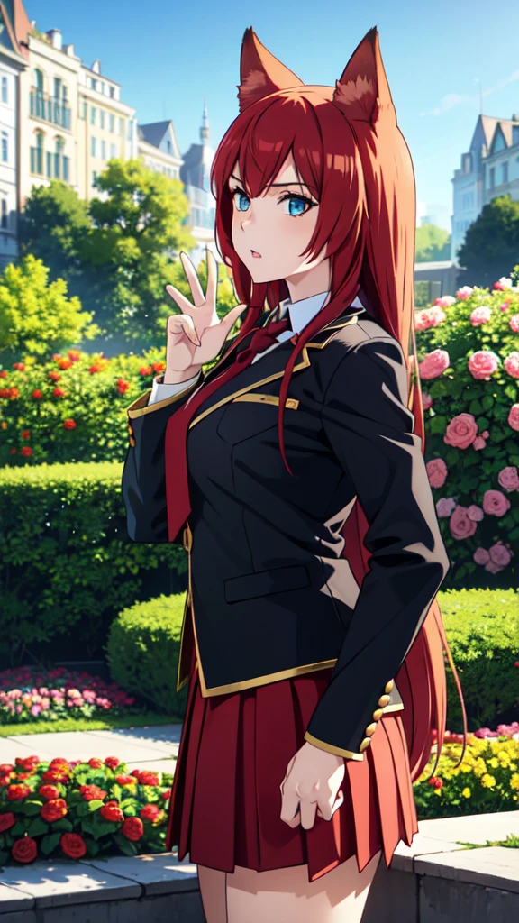 ((beautiful face)),1girl ,20s,mature female,:o,(red hair),long hair,fox ears,(garden,blue sky,city),necktie,black jacket, blazer,long sleeves,pleated skirt,dynamic angle