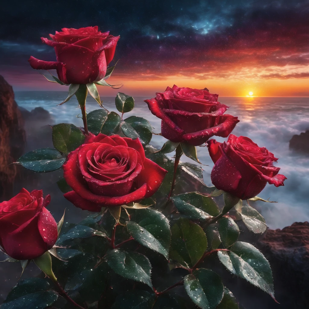 Sea of Dreams,Auspicious clouds,Photographic works,Candy color,There is a row of red roses in front,zaun,The masterpiece is very detailed,lightand shade contrast,hyper HD,tmasterpiece,winning artwork,Best quality at best,A high resolution,16k