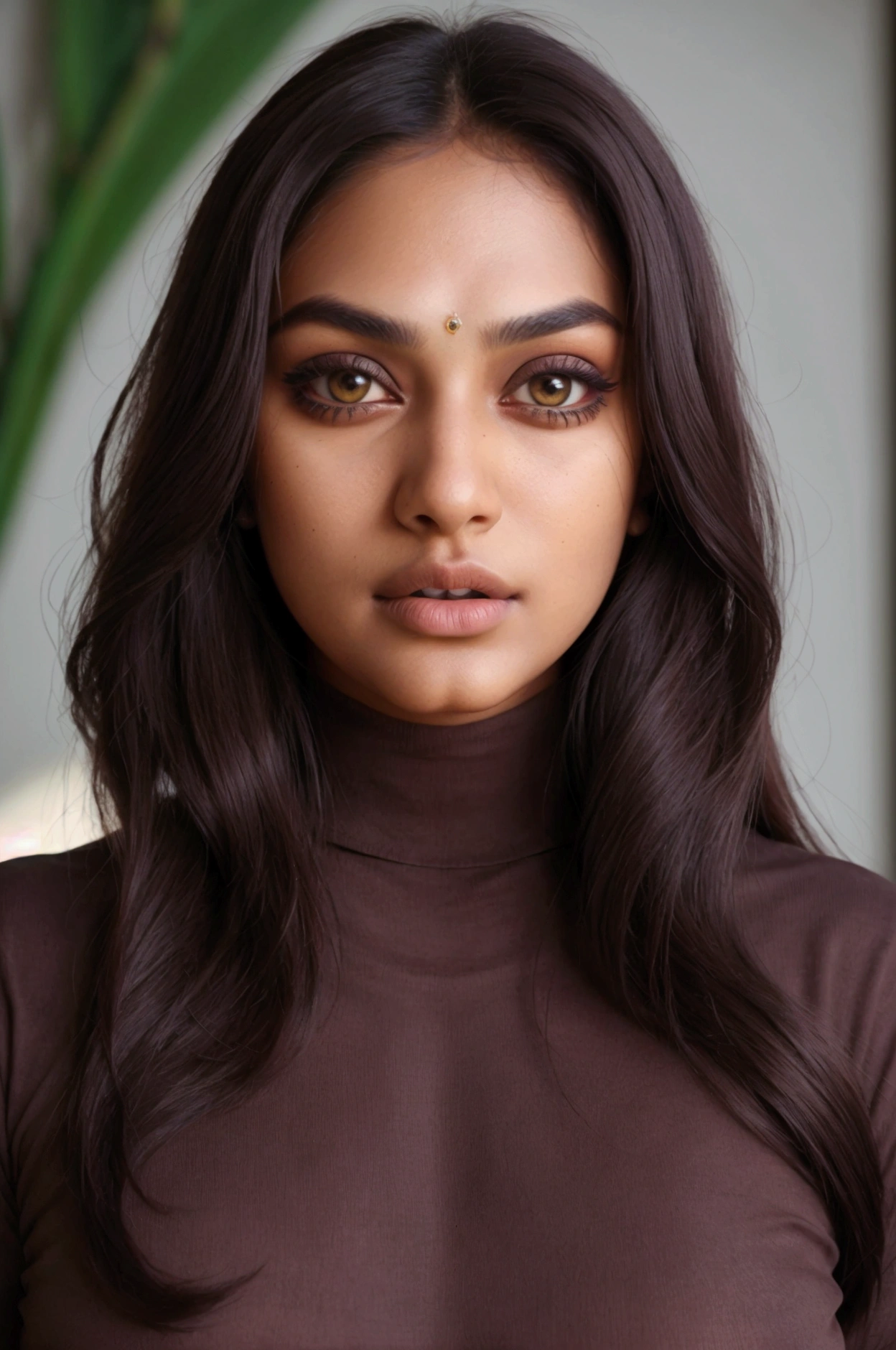 Photography of a indian girl of 21 years age, beautiful gorgeous face, ((close body)), (wearing turtleneck t-shirt), cute, ((dark brown iris)), perfect body, cinematic lighting, bokeh, 8k, uhd, soft shadows, masterpiece, (very detailed face lips eyes), round medium , long brunette hair, ((extremely proportional)), ((hyper detailed)), ((absolutely gorgeous face))