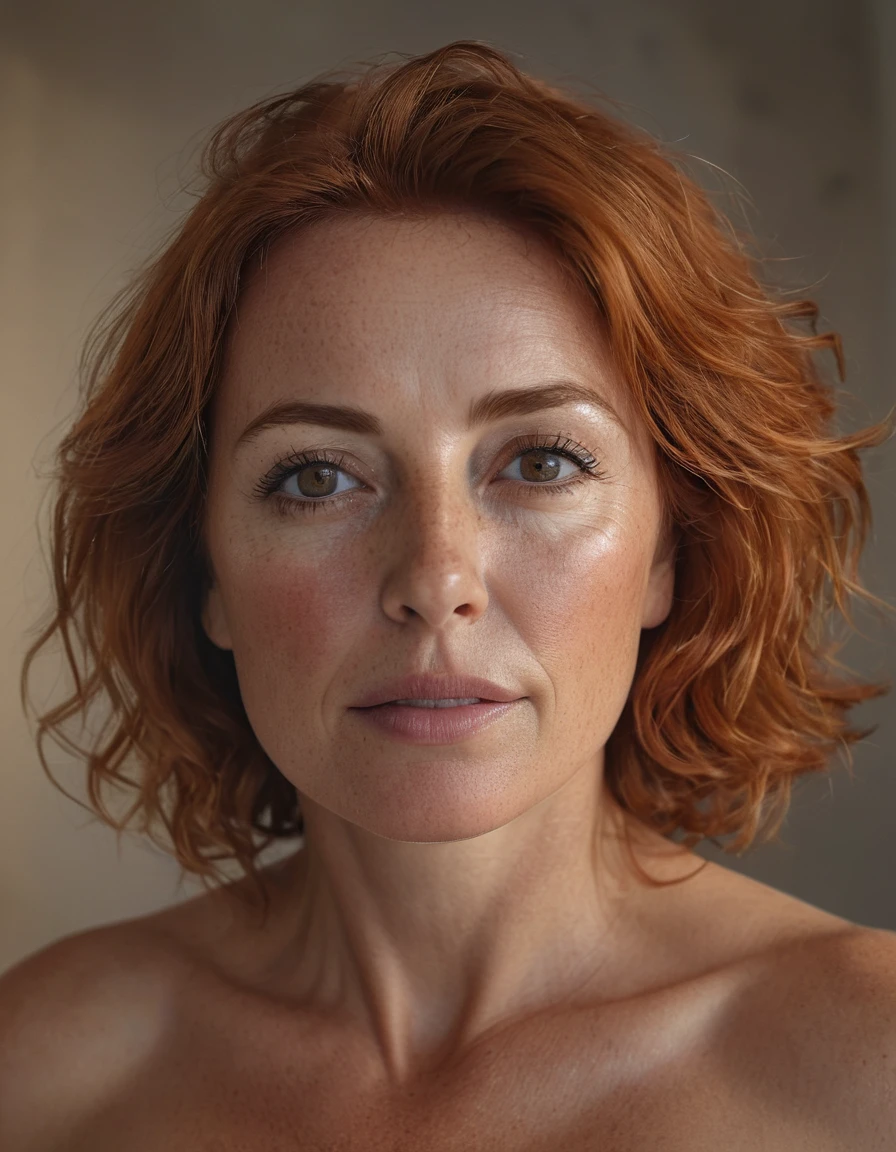 a mature portuguese woman with a large natural chest, short shaved red hair, brown eyes, naked, profissional porn actress, half light beam, ring light background, photorealistic, 8k, extremely detailed, high quality, ((full body)), cinematic lighting, dramatic colors, beautiful skin, detailed features ((consistent character)) ((seed 69))