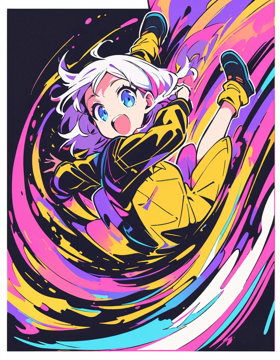 a female with white hair and blue eyes, she is wearing black purple gold in the style of cool and cute , laughing out loud while holding her hands up to block something, performing a dynamic acrobatics dance move, her body flipping and twisting with incredible agility., background has golden sun symbols, dark violet flowers on a kung fu pattern . white outline border on all sides , high contrast , bold lines , flat colors , high resolution , sharp focus , 2d , flat , vector art --ar 5:7 --niji 6