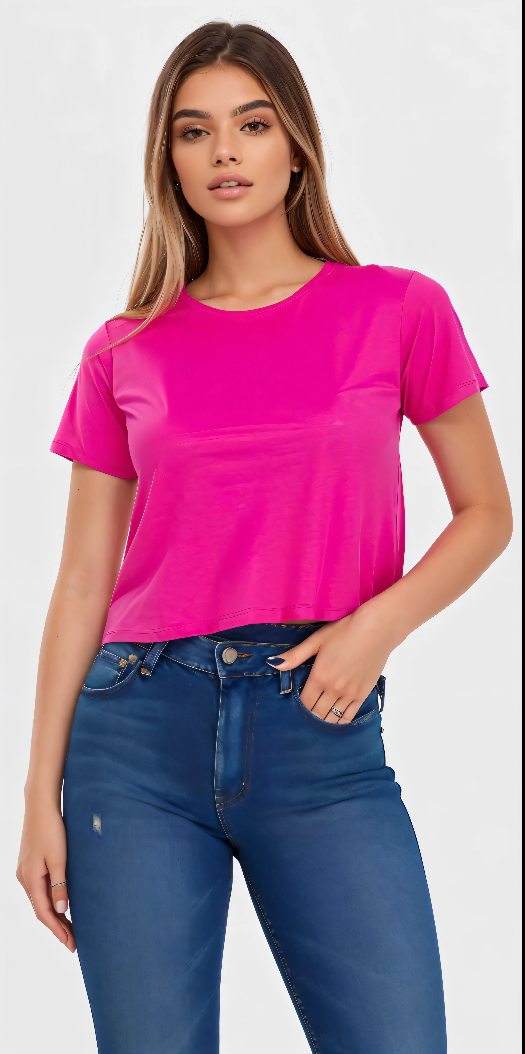 a woman wearing a rosa top and jeans, corte superior, rosa shirt, corte superior, neon rosa, hot rosa, camisa magenta, rosa, camiseta, camiseta, camiseta, with ripped crop camiseta, rosa clothes, rosa vibe, dayglo rosa, FÚCSIA, vibrant rosa, magenta, Roupa casual, rosa girl, ano 2 mil”