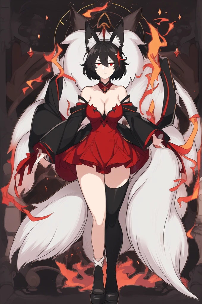 "1girl,solo,short hair,jet-black hair,(looking at viewer:1.2),sharp features,red eyes,glowing eyes,athletic,graceful,dark crimson dress,form-fitting dress,shimmering fabric,high neckline,long sleeves,knees length,confident,intimidating,polished,transformation,kitsune ears,black ears,red accents,cursed energy,tails,ethereal,mythical aura,powerful,beauty,danger,supernatural grace,"