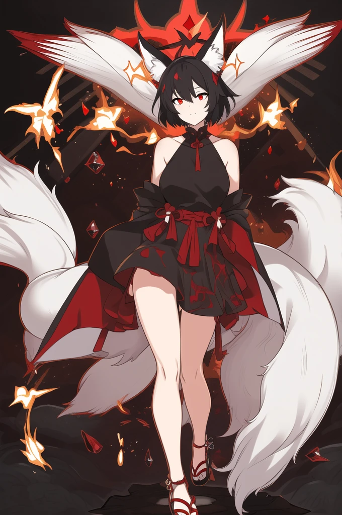 "1girl,solo,short hair,jet-black hair,(looking at viewer:1.2),sharp features,red eyes,glowing eyes,athletic,graceful,dark crimson dress,form-fitting dress,shimmering fabric,high neckline,long sleeves,knees length,confident,intimidating,polished,transformation,kitsune ears,black ears,red accents,cursed energy,tails,ethereal,mythical aura,powerful,beauty,danger,supernatural grace,"