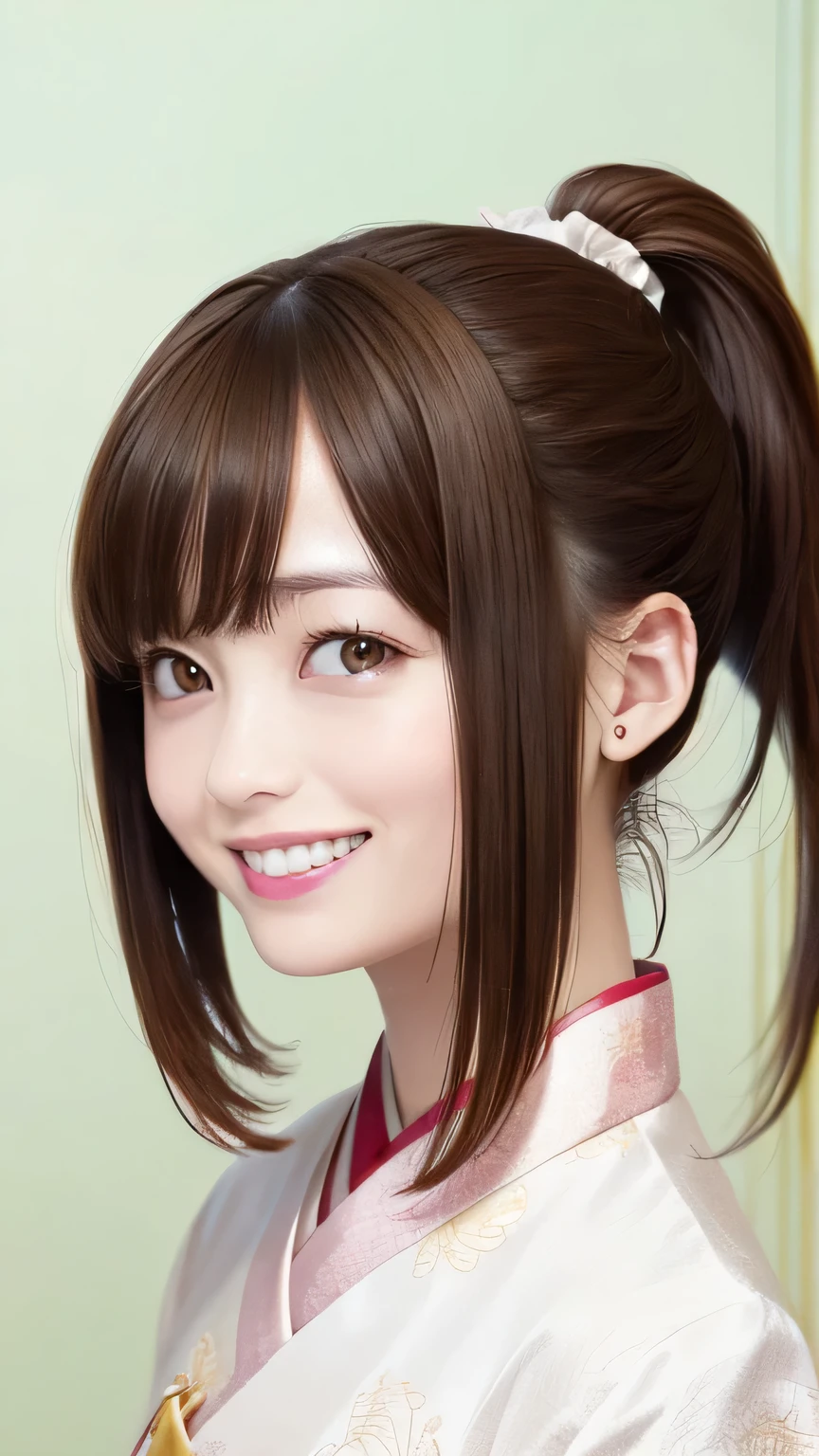 (Highest quality、8K、32k、masterpiece)、(Realistic)、(Realistic:1.2)、(High resolution)、Very detailed、Very beautiful face and eyes、20Adult female years old、Round and small face、Tight waist、Delicate body、(Highest quality、Attention to detail、Rich skin detail)、(Realistic、Realistic:1.37)、Bright colors、(((Brown Hair)))、(((Full Body Shot)))、(((Long Hair)))、(((Side Ponytail)))、(((Daytime city background)))、(((smile)))、(((Teeth are visible)))、(((Wearing china clothes)))、、Kanna Hashimoto、China dress