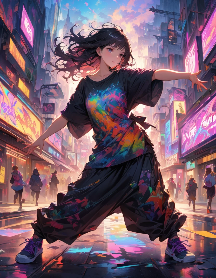 A cute anime girl performing a dynamic popping move, her body locking and popping with sharp, precise movements. Dancer wearing oversized T-shirt and baggy pants, popping dance pose, urban street style, loose-fitting clothes, vibrant colors, dynamic movement, street dance background, The background is a futuristic cityscape with neon lights. High-quality illustration, vibrant colors, detailed fabric textures. colorful illustrations, highly detailed, high resolution, in the style of digital painting, natural lighting, masterpiece, high definition, in the style of octane rendering, hyper realistic. --ar 5:7 --niji 6