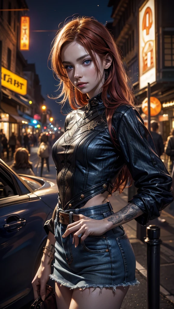 light redhead hair, vibrant blue eyes, white pale skin, portrait, rocker clothes, band clothes, thin nose, thin chin, dark night scene, tattooed , High detail RAW colored art, (detailed skin, skin texture), (defined muscle), intricate details, fine details, hyper detailed, ray tracing, subsurface scattering, diffuse soft lighting, red and blue spotlight, by Jeremy Mann, Greg Manchess, Antonio Moro, trend at ArtStation, trend at CGSociety, Intricate, High Detail, Sharp focus, dramatic and photorealistic painting art by midjourney, bokeh in the background, Pub,  best quality, masterpiece, only 1girl, full body portrait, night dark ambient, look at the viewer, white t-shirt, blue jeans miniskirt, night bar, country scenario, oregon calm city
