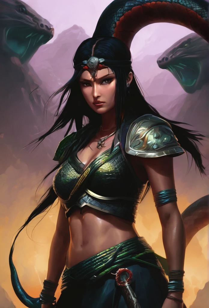 "Girl warrior dark style with serpent"